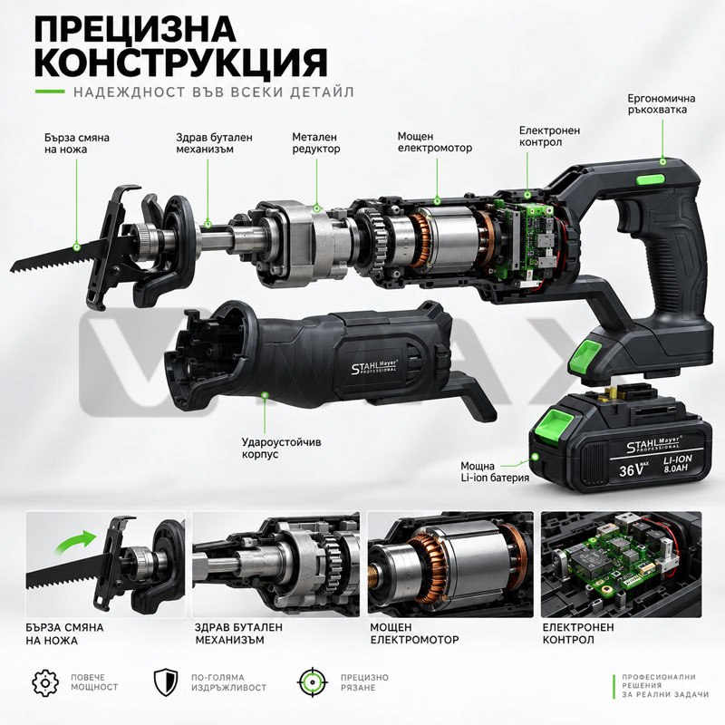 Акумулаторен саблен трион STAHLMAYER 36V, 8Ah с 2 батерии, зарядно и куфар
