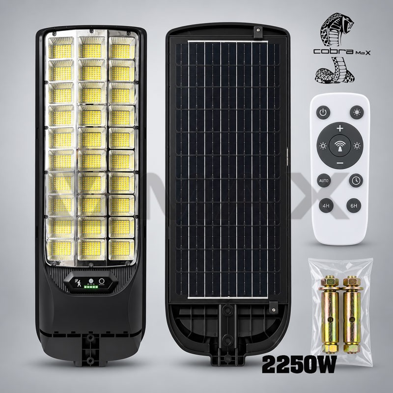 Мощна улична соларна лампа Cobra Max 2250W с IP65, сензор за движение и дистанционно