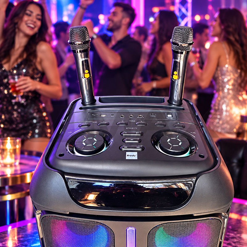 Мощна караоке тонколона Brodu iKaraoke BTS-2171 (Dual 12", 200W RMS) с 2 микрофона и Bluetooth
