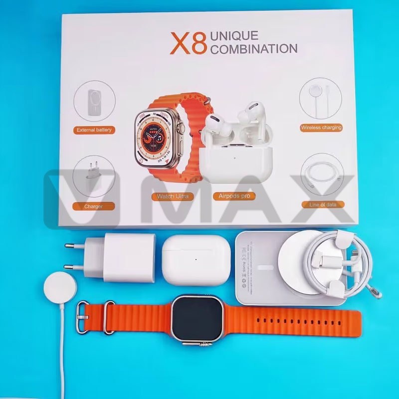 Комплект 8 в 1: смарт часовник X8 с Bluetooth разговори, безжични слушалки, безжично зарядно 20W и външна батерия