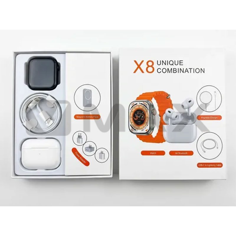 Комплект 8 в 1: смарт часовник X8 с Bluetooth разговори, безжични слушалки, безжично зарядно 20W и външна батерия