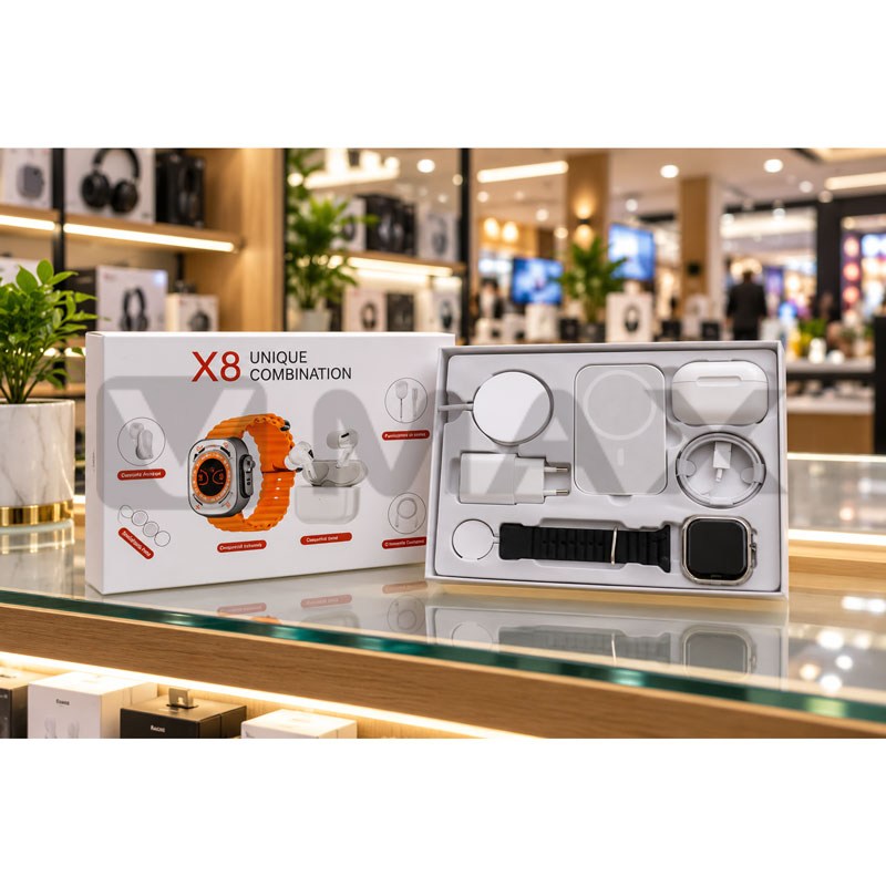 Комплект 8 в 1: смарт часовник X8 с Bluetooth разговори, безжични слушалки, безжично зарядно 20W и външна батерия