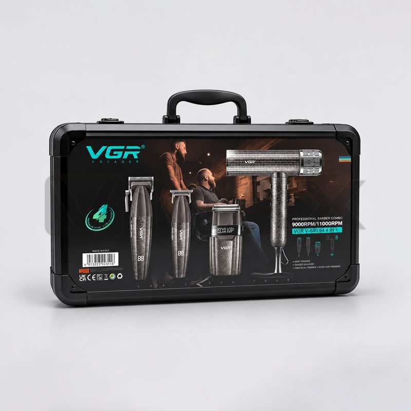 Професионален комплект VGR V-640 S4, 4 в 1: метална машинка, тример, шейвър и BLDC сешоар 110 000 об/мин