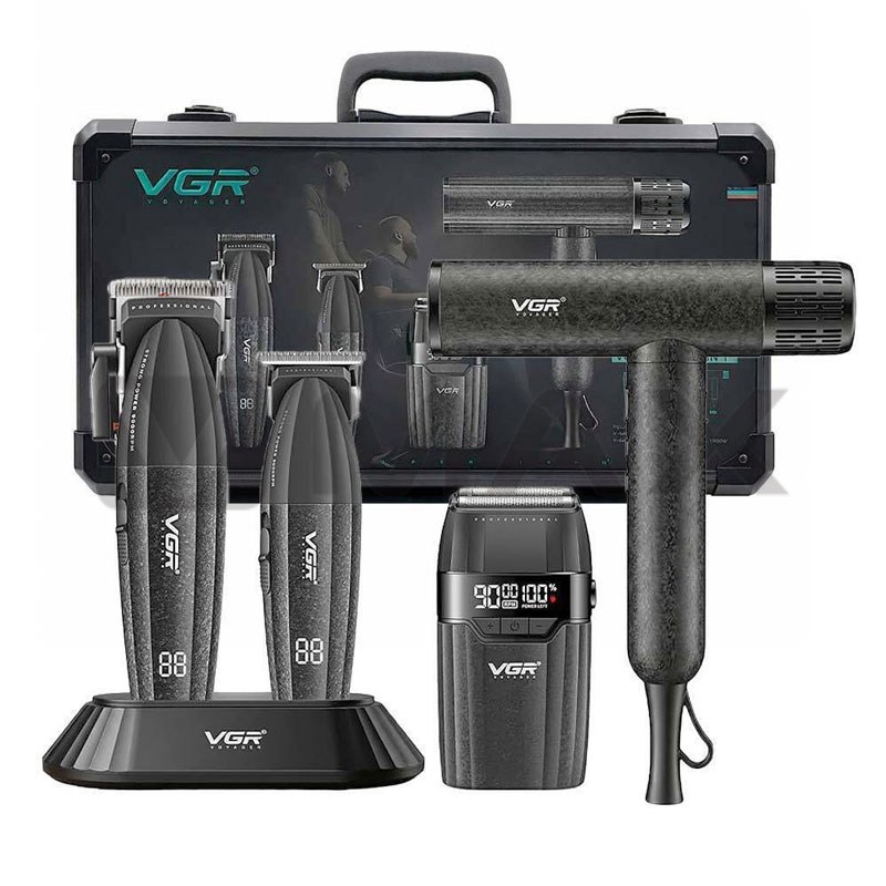 Професионален комплект VGR V-640 S4, 4 в 1: метална машинка, тример, шейвър и BLDC сешоар 110 000 об/мин