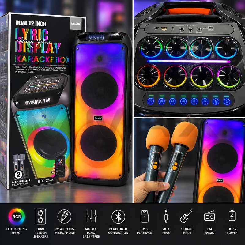Караоке тонколона Brodu BTS-2125 с 2 говорителя по 12", 2 безжични микрофона, дистанционно, RGB светлини, Bluetooth и TWS