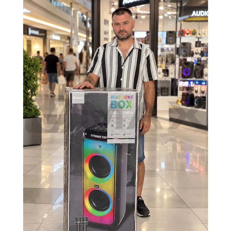 Караоке тонколона Brodu BTS-2125 с 2 говорителя по 12", 2 безжични микрофона, дистанционно, RGB светлини, Bluetooth и TWS