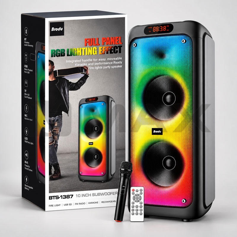 Bluetooth караоке тонколона Brodu BTS-1387 с RGB Flame ефект, 2 говорителя по 10", безжичен микрофон и дистанционно