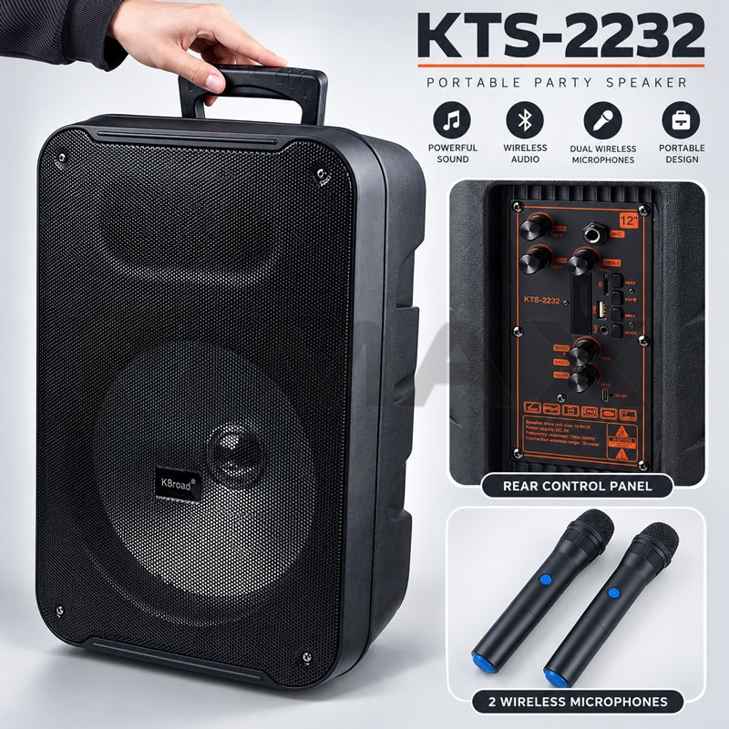 Караоке тонколона KTS-2232 с 2 безжични микрофона, 12" говорител, RGB светлини, Bluetooth, FM, USB/TF и AUX