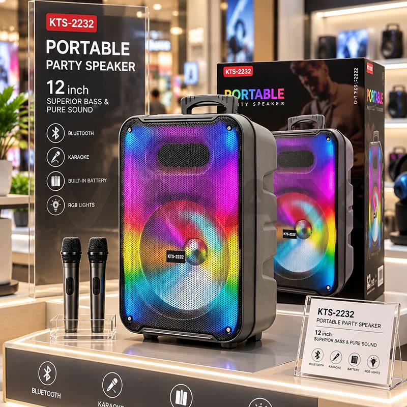 Караоке тонколона KTS-2232 с 2 безжични микрофона, 12" говорител, RGB светлини, Bluetooth, FM, USB/TF и AUX