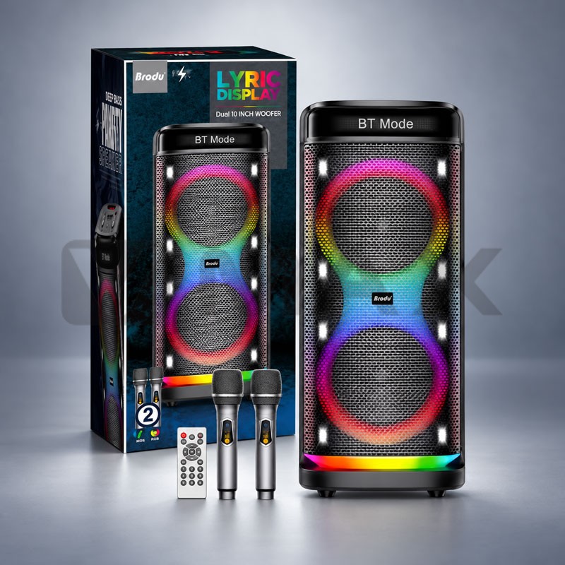 Караоке тонколона 2 × 10" с 2 безжични микрофона, RGB светлини, LCD дисплей, вход за китара, Bluetooth, USB и Micro SD